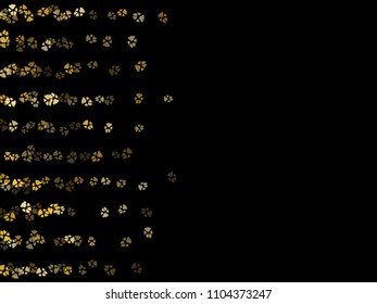 Dog or cat paw gold footprint, isolated on black back layer. Doggo, puppy or kitten foot steps luxury vector contour. Cute animal backdrop of paw foot print for illustration or interior design.