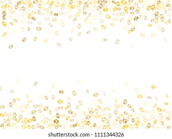 Dog or cat paw gold footprint, isolated on white back layer. Doggo, puppy or kitten foot steps luxury vector contour. Cute animal background of paw foot print for illustration or fashion design.