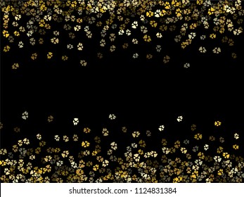 Dog or cat paw gold footprint, isolated on black back layer. Doggo, puppy or kitten foot steps luxury vector contour. Cute animal backdrop of paw foot print for illustration or fashion design.