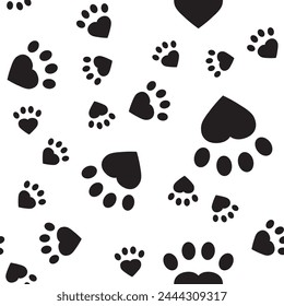 Dog or cat paw heart, seamless pattern. Love puppy legs, kitten print foot, texture design on white background. Monochrome wallpaper. vector illustration