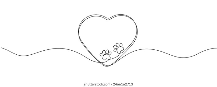 Dog and cat paw hearts drawn in one continuous line. Dog paw prints in a heart frame in a simple linear style. Concept of love for animals. Single line vector editable linear illustration.
