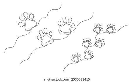 Dog or cat paw one continuous line illustrations. Doodle animal print