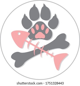 Dog and cat paw print with crossbones and fish skeleton. Volumetric vector illustration stylized as a pirate flag Jolly Roger.