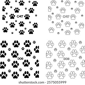 Dog or cat paw print design flat and line icon set. Black vector collection isolated on transparent background. Footprint pet step symbol for animal zoo, vet logo element apps and websites.