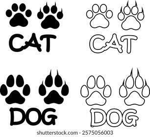 Dog or cat paw print design flat and line icon set. Black vector collection isolated on transparent background. Footprint pet step symbol for animal zoo, vet logo element apps and websites.