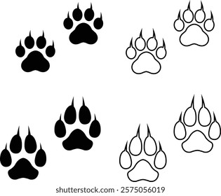 Dog or cat paw print design flat and line icon set. Black vector collection isolated on transparent background. Footprint pet step symbol for animal zoo, vet logo element apps and websites.