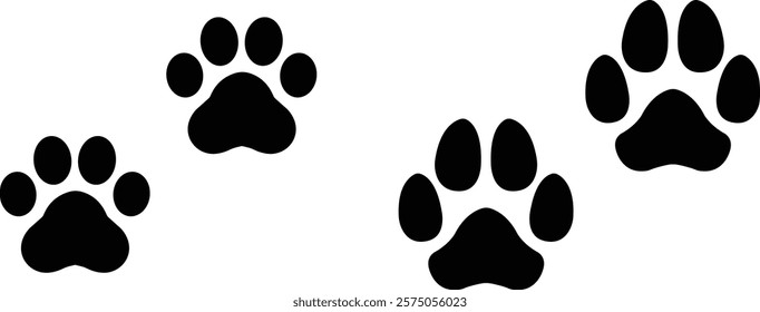 Dog or cat paw print design flat and line icon set. Black vector collection isolated on transparent background. Footprint pet step symbol for animal zoo, vet logo element apps and websites.