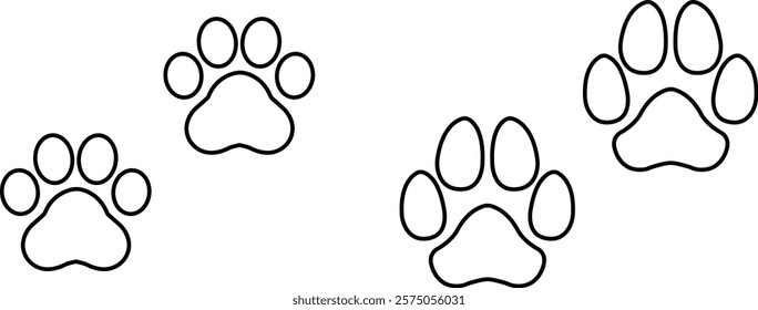 Dog or cat paw print design flat and line icon set. Black vector collection isolated on transparent background. Footprint pet step symbol for animal zoo, vet logo element apps and websites.