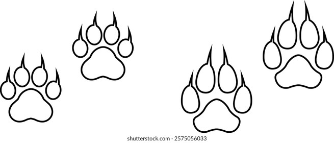 Dog or cat paw print design flat and line icon set. Black vector collection isolated on transparent background. Footprint pet step symbol for animal zoo, vet logo element apps and websites.