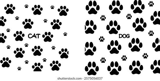 Dog or cat paw print design flat and line icon set. Black vector collection isolated on transparent background. Footprint pet step symbol for animal zoo, vet logo element apps and websites.