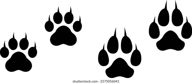 Dog or cat paw print design flat and line icon set. Black vector collection isolated on transparent background. Footprint pet step symbol for animal zoo, vet logo element apps and websites.