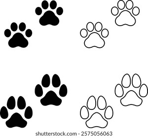 Dog or cat paw print design flat and line icon set. Black vector collection isolated on transparent background. Footprint pet step symbol for animal zoo, vet logo element apps and websites.