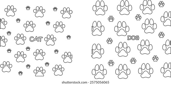 Dog or cat paw print design flat and line icon set. Black vector collection isolated on transparent background. Footprint pet step symbol for animal zoo, vet logo element apps and websites.