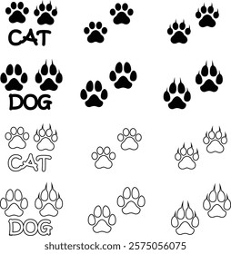 Dog or cat paw print design flat and line icon set. Black vector collection isolated on transparent background. Footprint pet step symbol for animal zoo, vet logo element apps and websites.