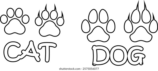 Dog or cat paw print design flat and line icon set. Black vector collection isolated on transparent background. Footprint pet step symbol for animal zoo, vet logo element apps and websites.