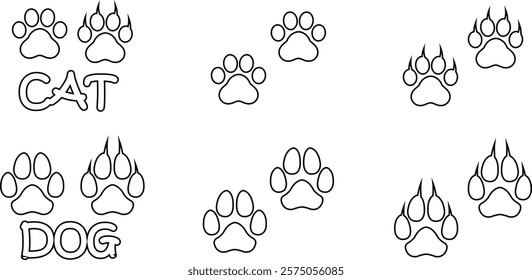 Dog or cat paw print design flat and line icon set. Black vector collection isolated on transparent background. Footprint pet step symbol for animal zoo, vet logo element apps and websites.