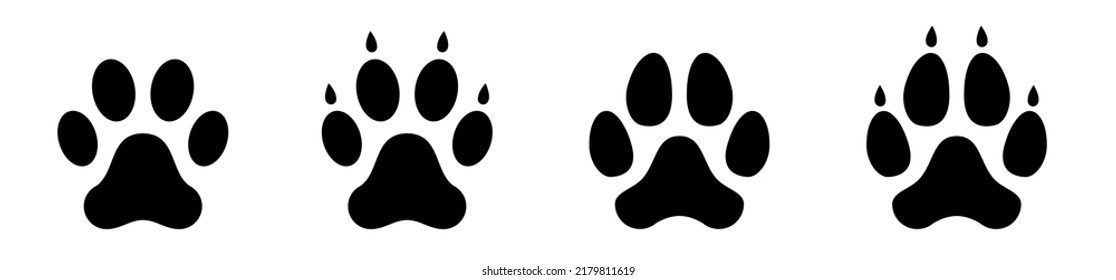 Dog or cat paw print flat icon. Different animal paw print. Dog, puppy silhouette animal diagonal tracks for t-shirts. Animal apps and websites. Vector illustrations