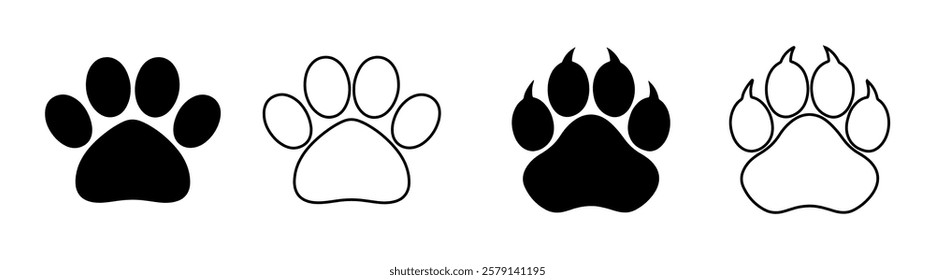 Dog or cat paw print flat icon. Includes Dog, puppy, cat, silhouette.