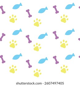 dog and cat paw print icon, fish symbol, veterinary pattern for pets, flat vector illustration on white background