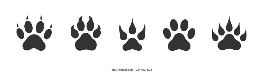 Dog or cat paw print icon. Bear vector paw lion footprint animal silhouette. Panther foot tiger pattern shape mark icon.