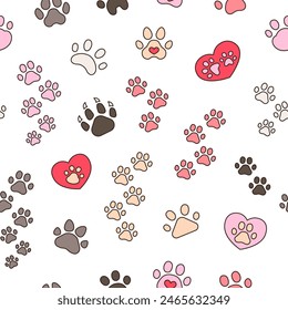 Dog or cat paw print. Seamless pattern. Animal footprints. Hand drawn style. Vector drawing. Design ornaments.