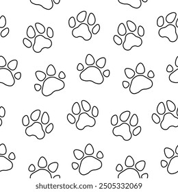 Dog or cat paw print. Seamless pattern. Coloring Page. Animal footprints. Hand drawn style. Vector drawing. Design ornaments.