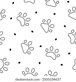 Dog or cat paw print. Seamless pattern. Coloring Page. Animal footprints. Hand drawn style. Vector drawing. Design ornaments.