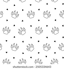Dog or cat paw print. Seamless pattern. Coloring Page. Animal footprints. Hand drawn style. Vector drawing. Design ornaments.