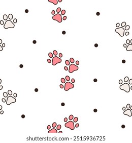 Dog or cat paw print. Seamless pattern. Animal footprints. Hand drawn style. Vector drawing. Design ornaments.