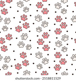 Dog or cat paw print. Seamless pattern. Animal footprints. Hand drawn style. Vector drawing. Design ornaments.