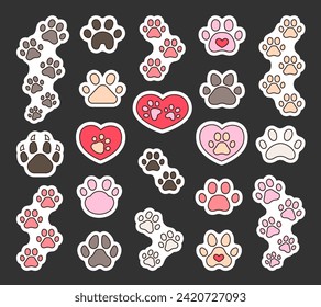 Dog or cat paw print. Sticker Bookmark. Animal footprints. Hand drawn style. Vector drawing. Collection of design elements.