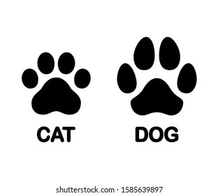 Dog and cat paw print symbol. Black and white silhouette icon, difference between feline and canine trace. Isolated vector clip art illustration.