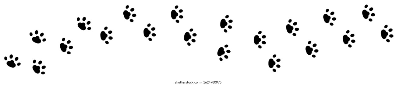 Dog cat paw print track diagonal. Footpath trail silhouette. Black footprint set. Wildlife animal. White background. Isolated. Flat design. Vector illustration