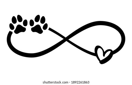 Dog or cat paw prints and heart - in infinity shape - lovely tattoo, ink. Lovely heart with paw print and heart inside infinity symbol. Modern design for pet lovers.