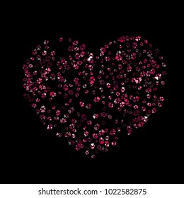 Dog or cat paw red footprint, isolated on black back layer. Doggo, puppy or kitten love pink foot steps vector contour. Heart shaped animal background of paw footprint for illustration or design.
