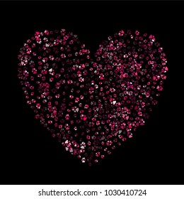Dog or cat paw red footprint, isolated on black back layer. Doggo, puppy or kitten love pink foot steps vector contour. Heart shaped animal backdrop of paw footprint for illustration or design.