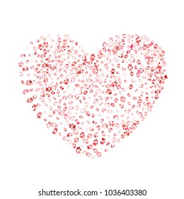 Dog or cat paw red footprint, isolated on white back layer. Doggo, puppy or kitten love pink foot steps vector silhouette. Heart shaped animal backdrop of paw footprint for illustration or design.