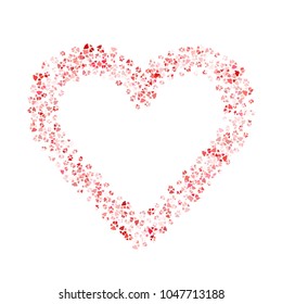 Dog or cat paw red footprint, isolated on white back layer. Doggo, puppy or kitten love pink foot steps vector silhouette. Heart shaped animal background of paw footprint for illustration or design.