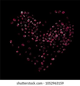 Dog or cat paw red footprint, isolated on black back layer. Doggo, puppy or kitten love pink foot steps vector contour. Heart shaped animal background of paw footprint for illustration or design.