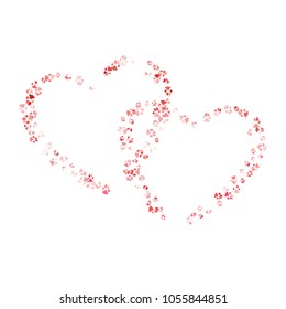 Dog or cat paw red footprint, isolated on white back layer. Doggo, puppy or kitten love pink foot steps vector silhouette. Heart shaped animal background of paw footprint for illustration or design.