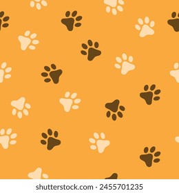 Dog, cat paw seamless pattern vector illustration. Animal, pet, wallpaper, orange, background