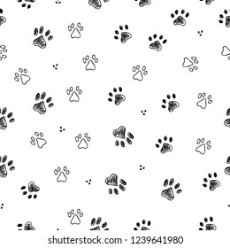 Dog and cat paw track. Animal footprint seamless pattern. Design for wrapping, fabrics, print. Vector illustration on white background