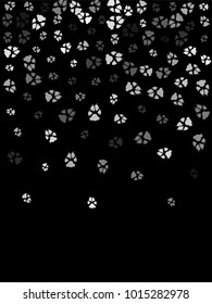 Dog or cat paw white footprint, isolated on black back layer. Doggo, puppy or kitten foot steps vector contour. Cute animal backdrop of paw foot print for illustration or interior design.