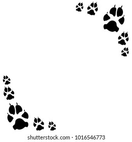 Dog or cat paw white footprint frame, isolated on black back layer. Doggo, puppy or kitten foot steps vector contour. Cute animal backdrop of paw foot print for illustration or interior design.