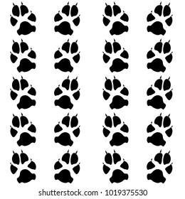 Dog or cat paw white footprint, isolated on black back layer.  Doggo, puppy or kitten foot steps vector silhouetter. Cute animal background of paw foot print for illustration or interior design.