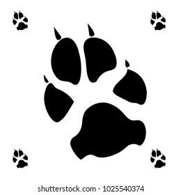 Dog or cat paw white footprint, isolated on black back layer.  Doggo, puppy or kitten foot steps vector contour. Cute animal background of paw foot print for illustration or fashion design.