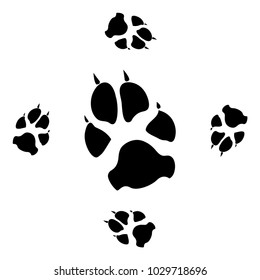 Dog or cat paw white footprint, isolated on black back layer.  Doggo, puppy or kitten foot steps vector contour. Cute animal background of paw foot print for illustration or fashion design.