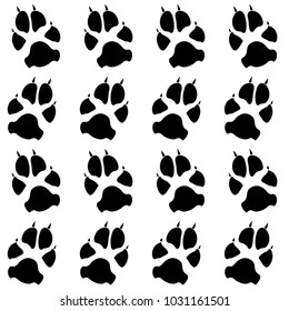 Dog or cat paw white footprint, isolated on black back layer.  Doggo, puppy or kitten foot steps vector contour. Cute animal backdrop of paw foot print for illustration or interior design.