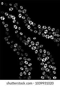 Dog or cat paw white footprint, isolated on black back layer. Doggo, puppy or kitten foot steps vector silhouette. Cute animal backdrop of paw foot print for illustration or interior design.