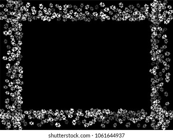 Dog or cat paw white footprint frame, isolated on black back layer. Doggo, puppy or kitten foot steps vector contour. Cute animal background of paw foot print for illustration or interior design.
